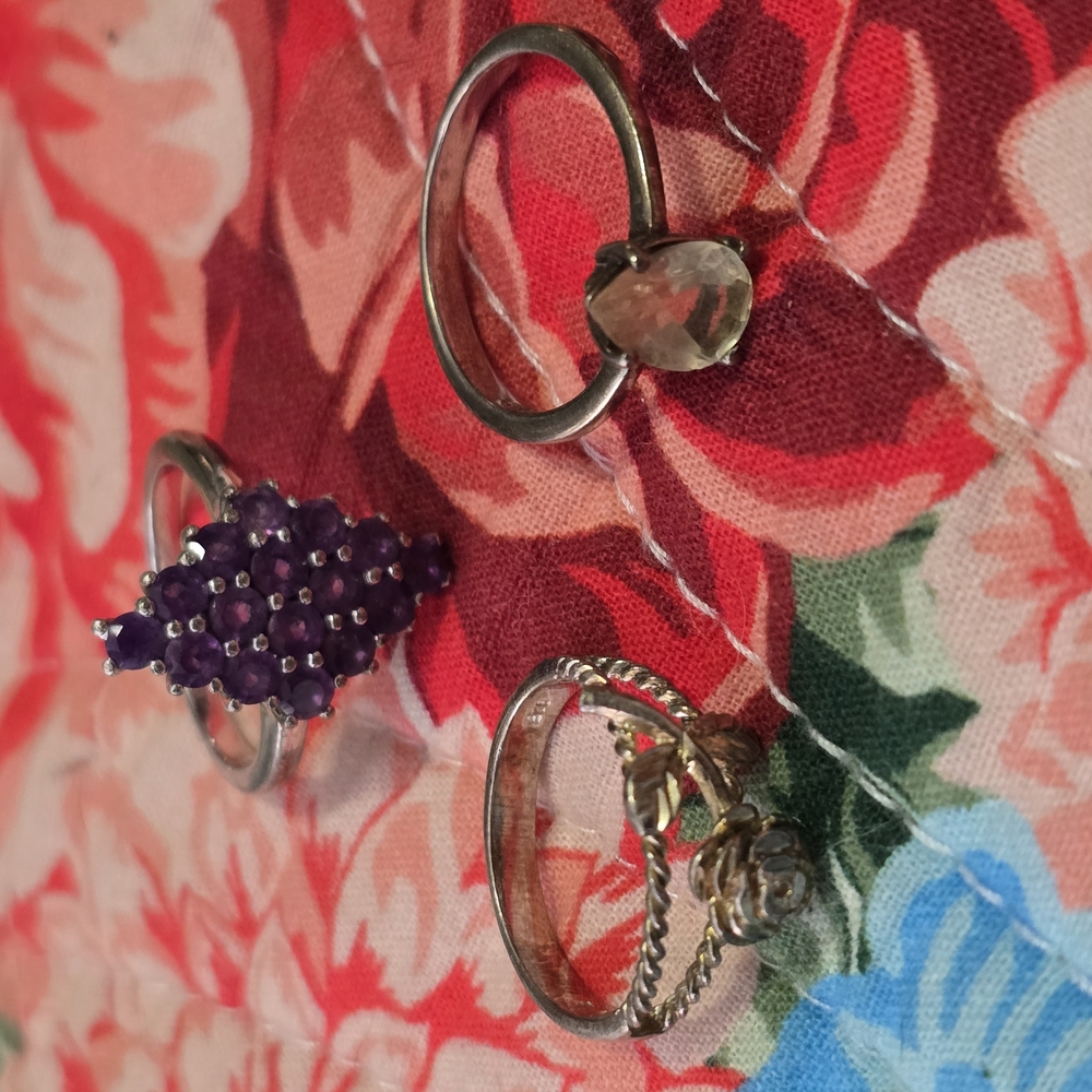 Three Rings .925 Silver. One Purple Gem One Yellow Gem And One Gold Filled Rose